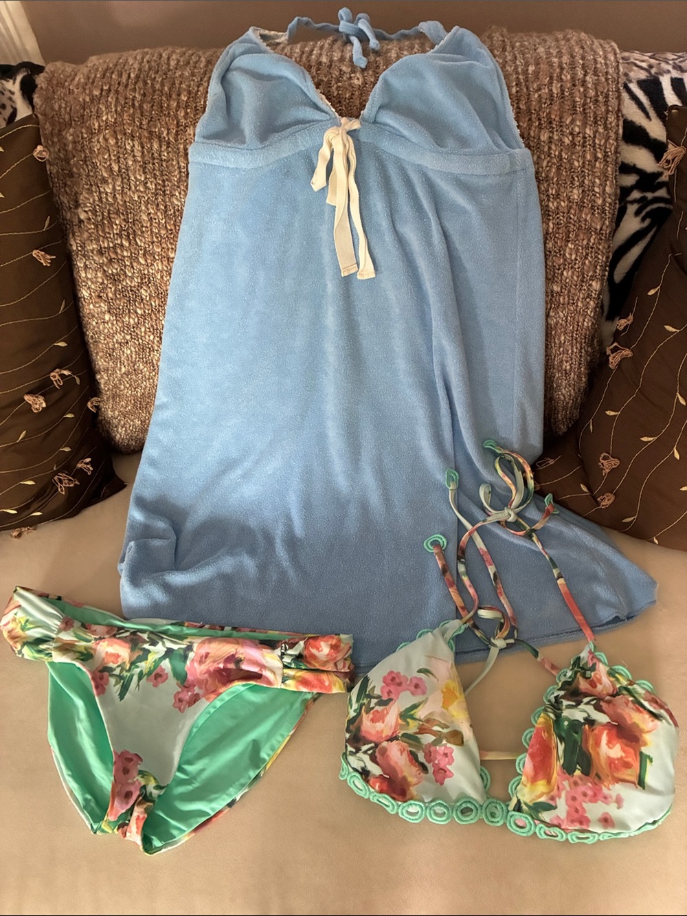 Roxy Floral Mint Bikini with Light Blue Cover-Up 3 piece set